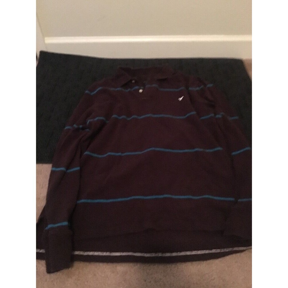 American Eagle Men's Striped Polo Shirt Long Sleeve Size Large Brown Blue